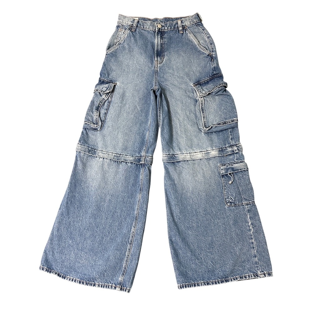 Gap Sky High Baggy Cargo Jeans Women 26x28 Blue Wide Leg Loose Utility Denim